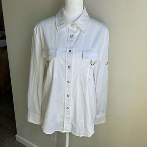 St. John White Poplin Tunic Button Down Shirt sz P Cotton Gold Accents Excellent